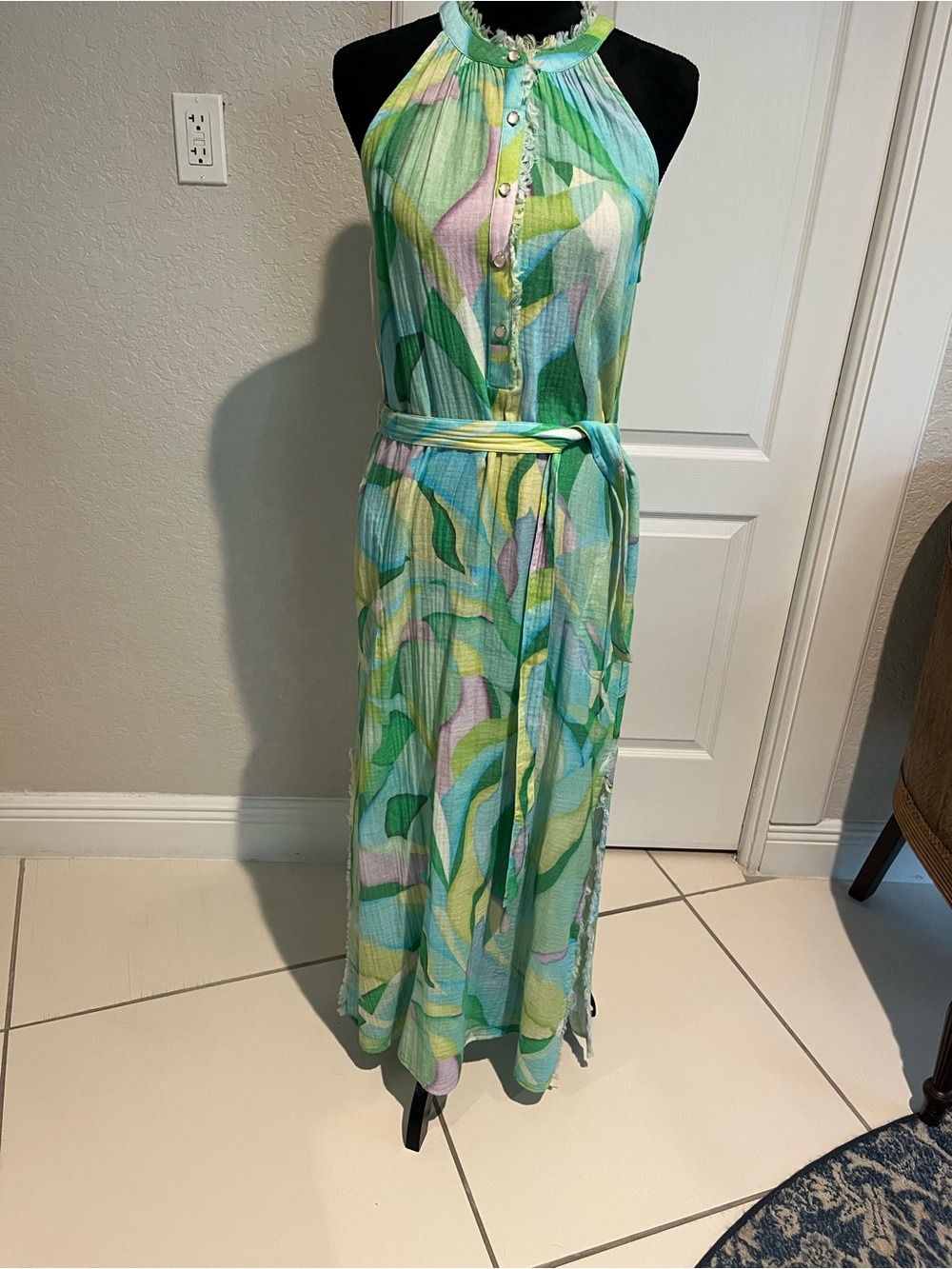 Tribal Green Abstract Halter Maxi Dress with Belt